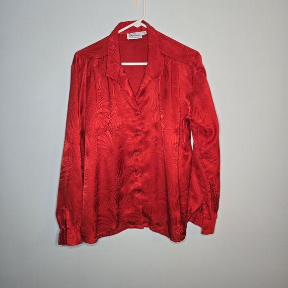 Vintage Lady Diplomat Dress‎ Shirt Blouse Red Button Up Satin Womens 12 - Picture 1 of 6